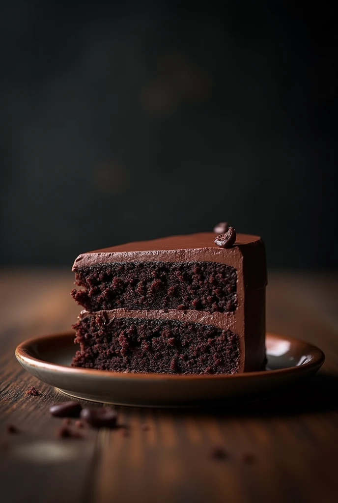 cinematic film still chocolate, chocolate cake, dark background, quality photo, moist texture, frosting, studio photo, slice . shallow depth of field, vignette, highly detailed, high budget, bokeh, cinemascope, moody, epic, gorgeous, film grain, grainy