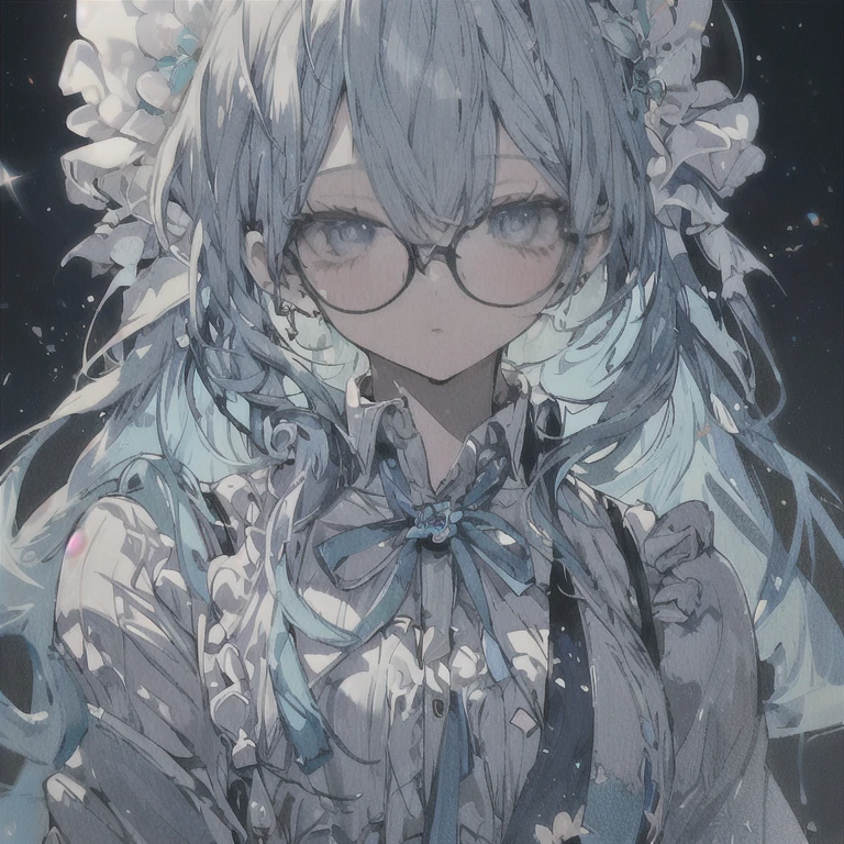 One girl, Blue Hair/Light blue hair, Glasses, High resolution, Anatomically correct, Shortcuts, Close-up, Off-screen, Hair Flower, Anime Style,
