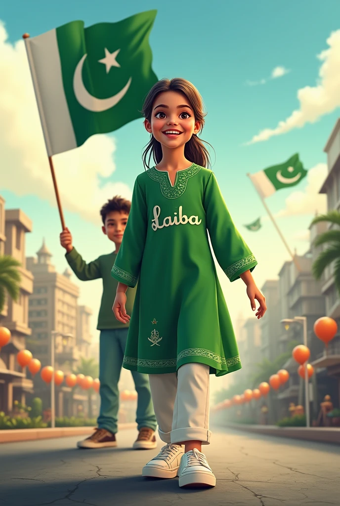 A real20"years old girl, Wearing green frock and white trozar_ sneakers and the name “ laiba is written on frock and the boy is standing on the road with holding a national flag of Pakistan and behind him is the Lahore And written on sky “Independence Day” Create Realistic image high quality..