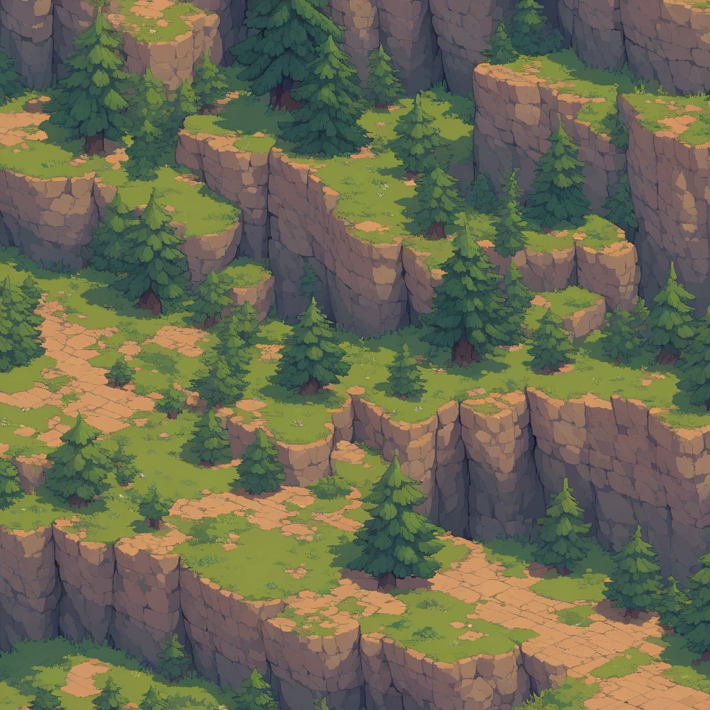 Retro video game style, pixelated, vibrant colors, 8-bit characters, blocky shapes, sharp lines, detailed shading, classic gaming vibe, nostalgic atmosphere, classic arcade games. Masterpiece:1.2, ultra-detailed, illustration style. 2D texture, stone texture, 4K seamless mud texture, video game texture, dirt texture. Game tiles, grass, 3/4th perspective trees, 3/4th perspective tileable rock texture, 3/4th perspective tileable cliff formations, tileable trees, top-down view, tileable texture. Very detailed cliff texture, intricate stones.
Mountain Terrain: Diverse mountain shapes and elevations, including peaks, ridges, and valleys.
Texture Detail: High resolution with intricate details like rocky surfaces, crags, and natural erosion patterns.
Seamless Pattern: Ensure that the edges of the tile seamlessly align with adjacent tiles to create a continuous and coherent mountain range when repeated