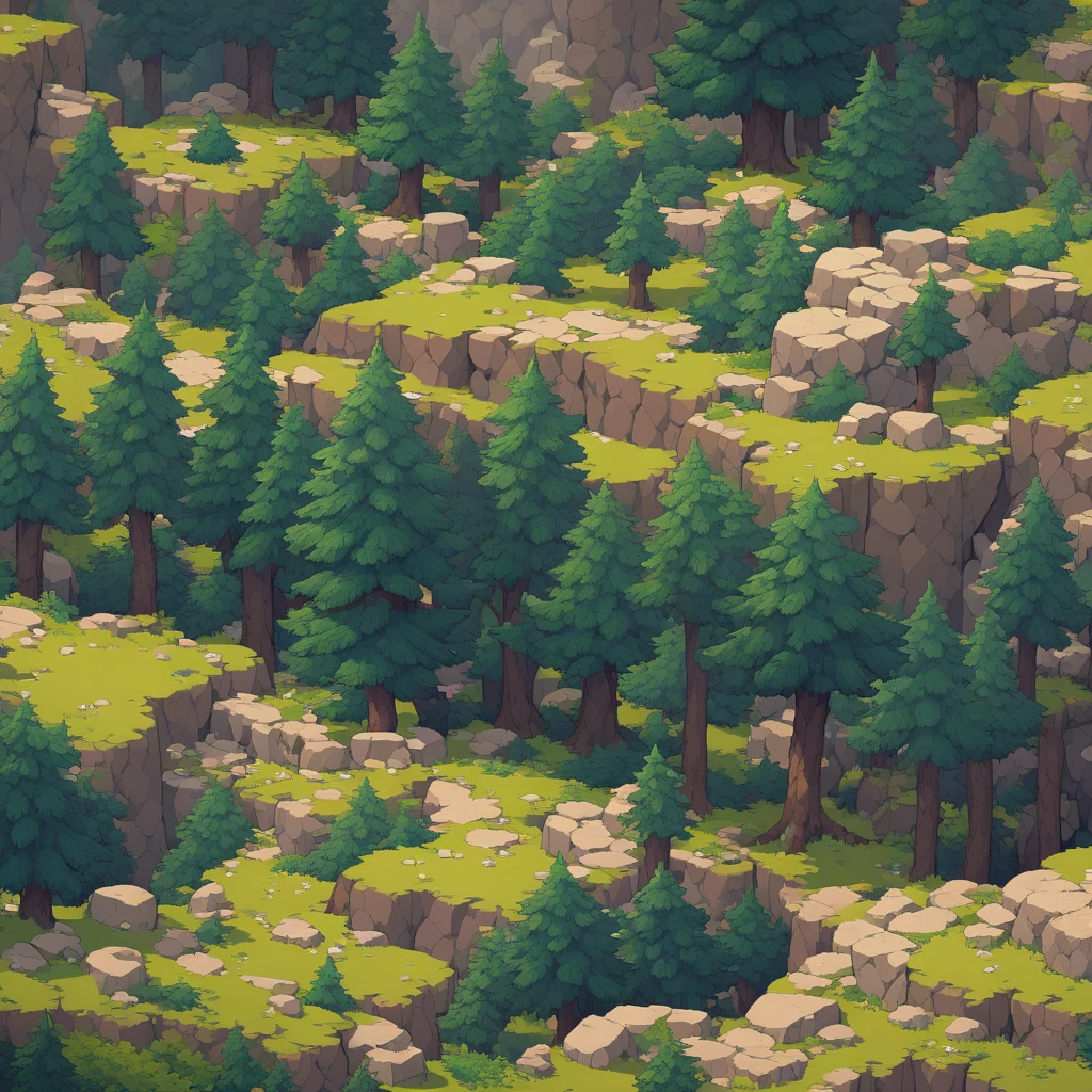 Retro video game style, pixelated, vibrant colors, 8-bit characters, blocky shapes, sharp lines, detailed shading, classic gaming vibe, nostalgic atmosphere, classic arcade games. Masterpiece:1.2, ultra-detailed, illustration style. 2D texture, stone texture, 4K seamless mud texture, video game texture, dirt texture. Game tiles, grass, 3/4th perspective trees, 3/4th perspective tileable rock texture, 3/4th perspective tileable cliff formations, tileable trees, top-down view, tileable texture. Very detailed cliff texture, intricate stones.
Mountain Terrain: Diverse mountain shapes and elevations, including peaks, ridges, and valleys.
Texture Detail: High resolution with intricate details like rocky surfaces, crags, and natural erosion patterns.
Seamless Pattern: Ensure that the edges of the tile seamlessly align with adjacent tiles to create a continuous and coherent mountain range when repeated
