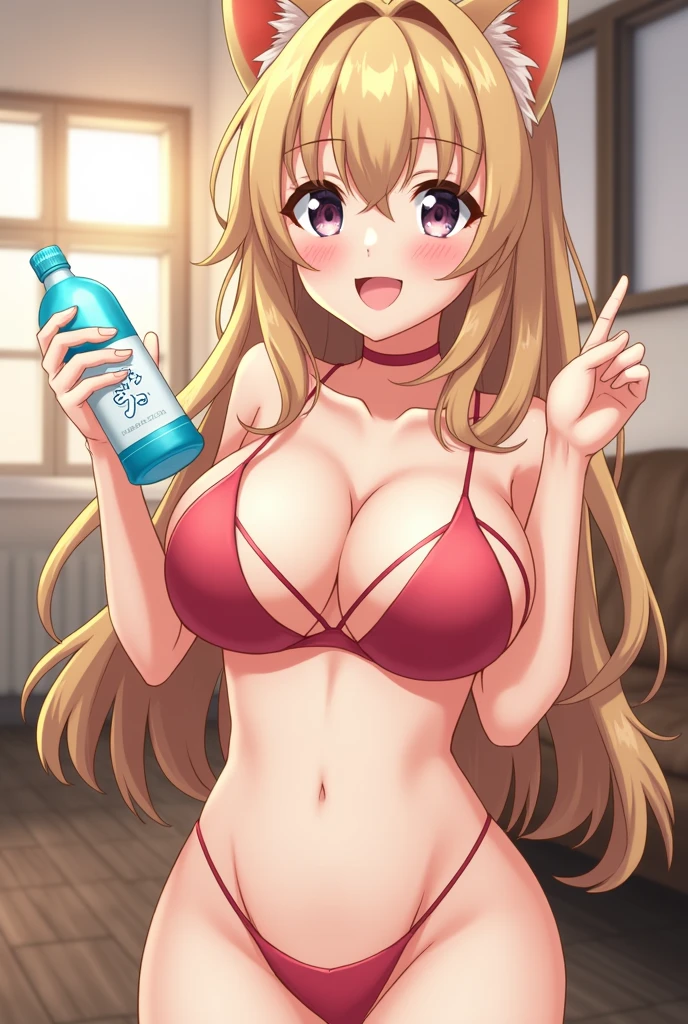 , asahinamomoko, Light brown hair, Hair Ribbon, White ribbon, One side up, Hair between the eyes, Very long hair, Pink Eyes.　(wearing nothing:2),cooking, empty eyes, ICE CREAM, large breasts, 1girl,, pool, sea, , blue sky,  nipple　Alone