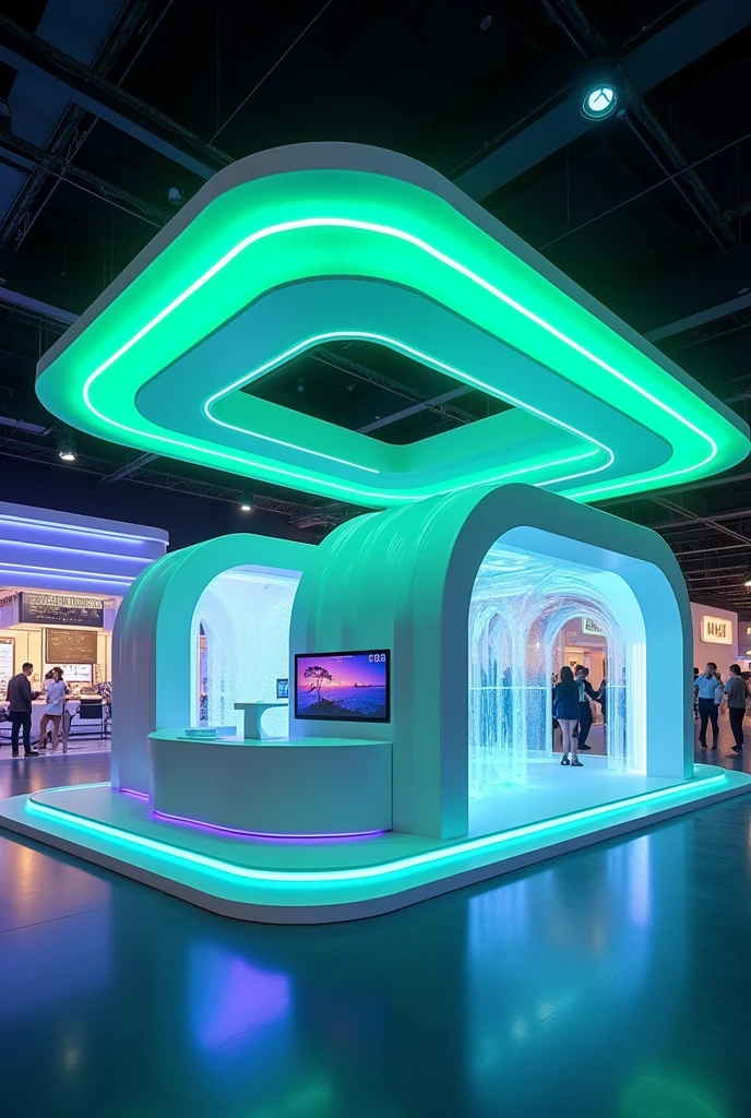 high-tech exhibition booth, futuristic design, immersive green LED lighting, digital screens, sleek curves, modern architecture, vibrant neon colors, interactive displays, soft blue and purple lighting, highly detailed, ultra realistic, 8k, photorealistic render, professional studio shot