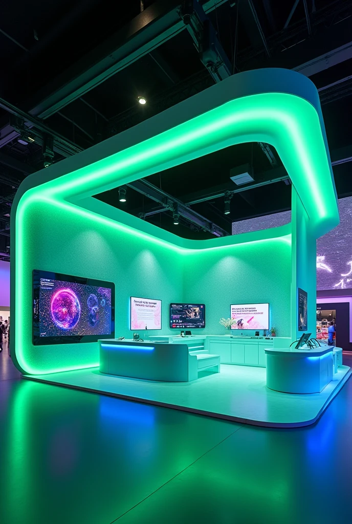 high-tech exhibition booth, futuristic design, immersive green LED lighting, digital screens, sleek curves, modern architecture, vibrant neon colors, interactive displays, soft blue and purple lighting, highly detailed, ultra realistic, 8k, photorealistic render, professional studio shot