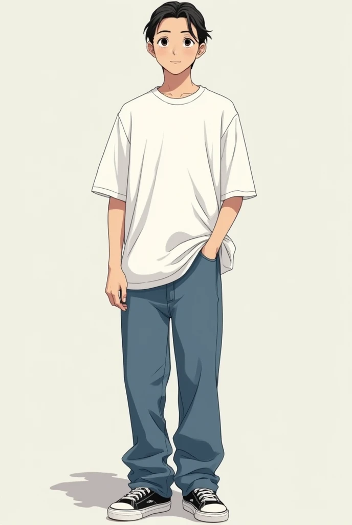 Oversized clothing, plain white t-shirt, extra wide jeans, black VANS sneakers, man, slicked back, front, whole body, anime-like face, around junior high school age