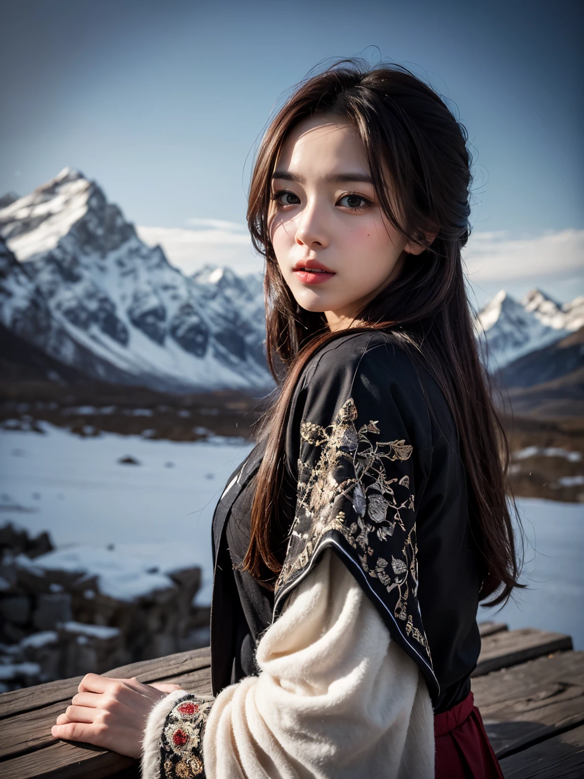 ((master piece)),best quality, illustration, dark, 1girl, In the wilderness,High mountain,Snow-capped mountains in the distance, castle, beautiful detailed eyes, beautiful detailed hair,