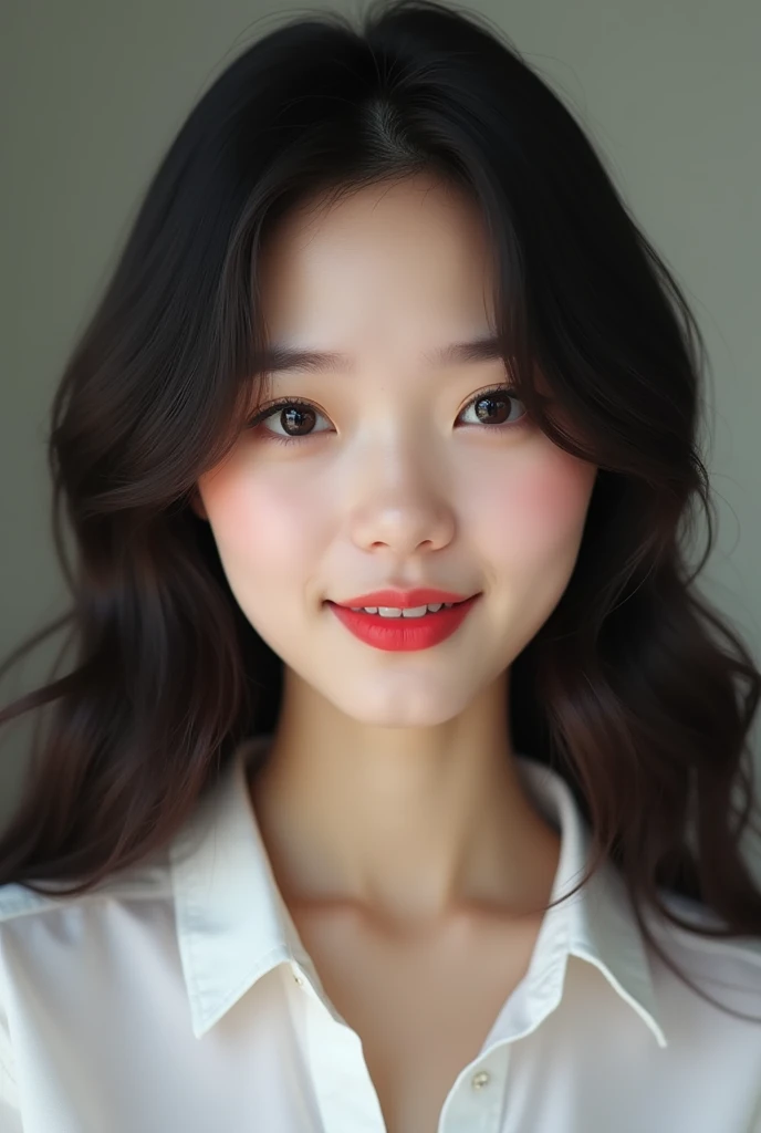 A young Vietnamese woman with long dark hair, oval face shape,cute face, beautiful face, wearing a white shirt and red lipstick, looking directly at the camera with a thoughtful expression, realistic skin, white skin, smile, emotional