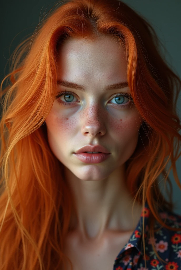 woman with long red hair, very fair skin and sea blue eyes