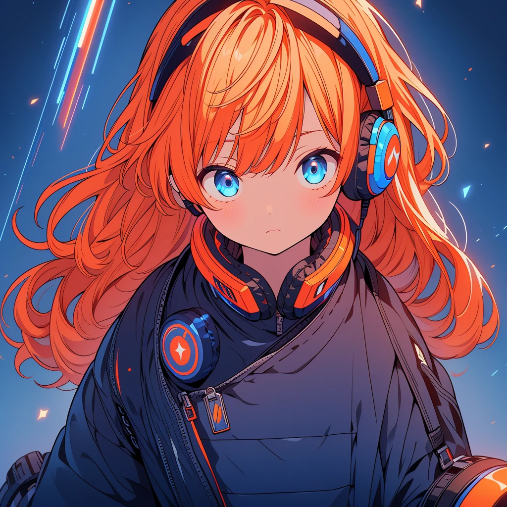 Frontal photo、10th Generation、Handsome face、Ultra-detailed eyes、Shortcuts、highest quality、masterpiece、Official Art、8k、Cowboy Shot、Frontal photo、Milky white with orange and blue hair、Blue base with orange highlights、Fluorescent orange headphones、cyber punk、Spacesuit、Laser gun on the back、