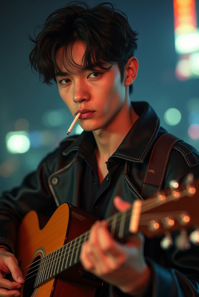a 19 year old american dude with a messy fringe medium length hair, blue eyes, clean shaven, fit body and his face resembles Taeyung from BTS and elvis presley. He is playing the guitar while a cigarette in his mouth