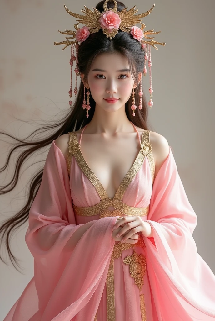 Photo of a woman in a pink and gold costume, ancient chinese game costume, transparent, thin fabric, layered, long sleeve, flowy, hanfu, chinese_clothes, low cut, moderately large breasts, liu yifei, Phoenix crown, crown with many sparkling gold accessories and flowers, hair stick, (delicate, gentle pose), pose for photo, (((beautiful eyes))), ((looking at viewer)), light smile, no background, professional photographer studio lighting, (cosplay character game), ((((((full body))))), (((wide angle))), three of kingdoms, the wind makes the hair fly, (((the brown hair is thick, long and fluttering))), ((photo-realistic skin with visible pores and blemishes)), masterpiece, best quality, 8k, (raw photo:1.2),((photorealistic:1.4)), ultra-detailed, highres, extremely detailed