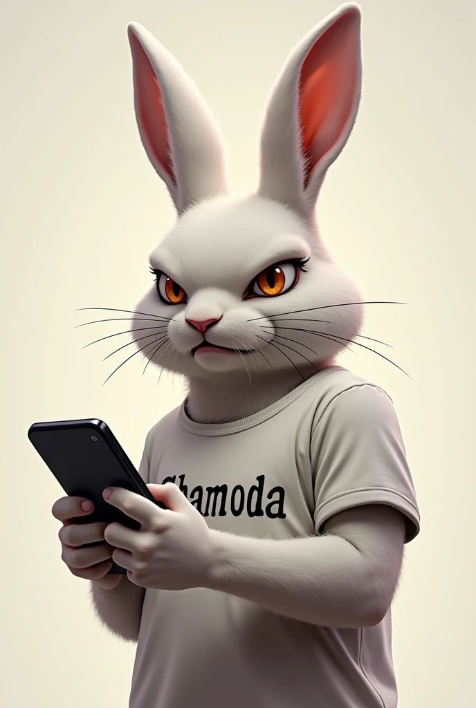 A fierce rabbit wearing a t-shirt holding a phone has Chamoda written on it