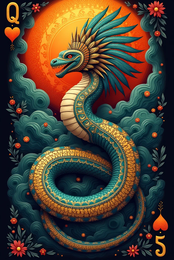 Quetzalcoatl, the feathered serpent god, represented in a majestic image. Playing card