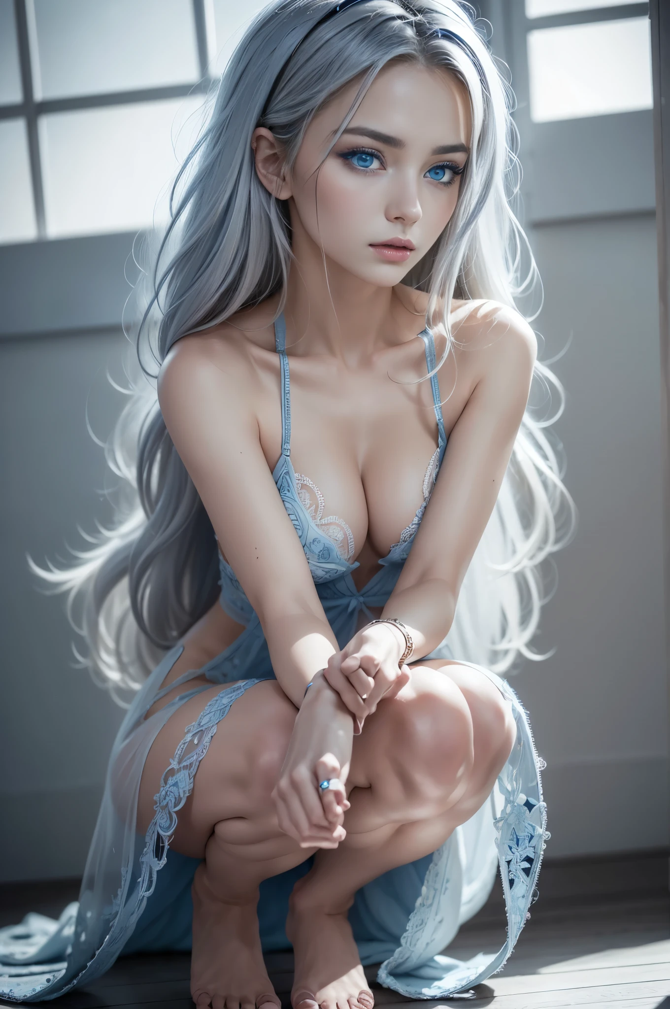 8k, (full body shot:1.2), 20-year-old European girl, raw, Beautiful woman, (straight gray hair), (intricate, sheer, transparent, translucent,(no clothes:1.2)), intricate, beautifull face, elegant, highly detailed, digital hyperrealistic photography, hyperrealistic photography filigree, shyness, most beautyfull face, (masterpiece, sidelighting, (finely detailed beautifull blue eyes: 1.2)),