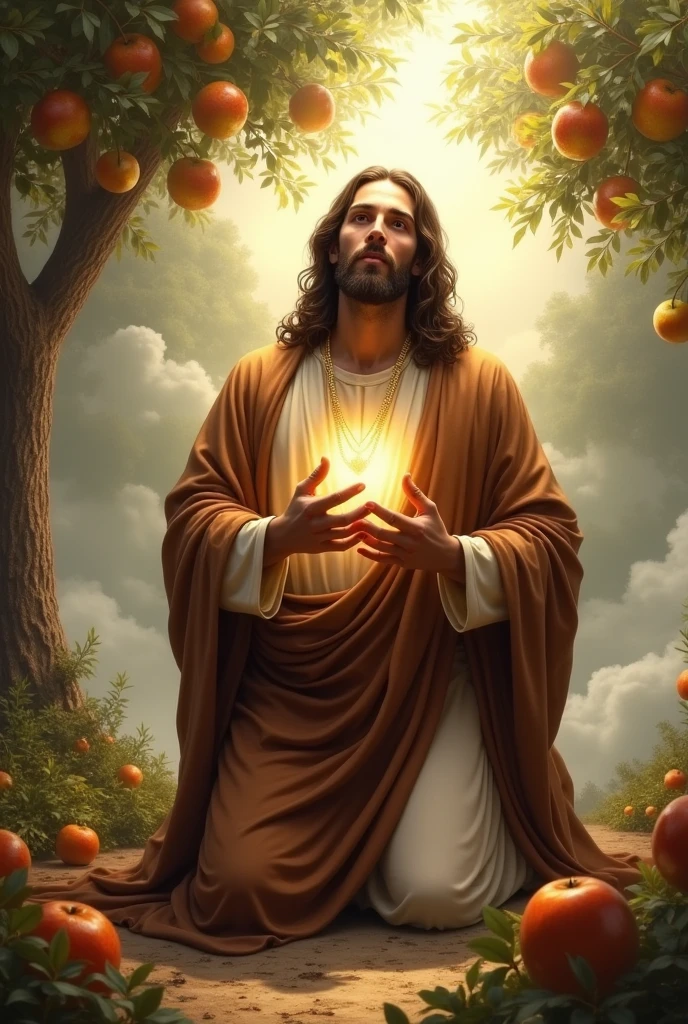 (photorealism:1.2), handsome Jesus Christ, praying kneel under the trees that full of clouds and sorrounded of many fruits, wearing brown king clothes with light in his head and heart spreading all over, perfect five finger, Jesus Christ beautiful hair, outdoors, soft lighting, clouds in background, beautiful sunlight, perfect paradise and clouds, relaxed pose, realistic, intricate details, warm colors,