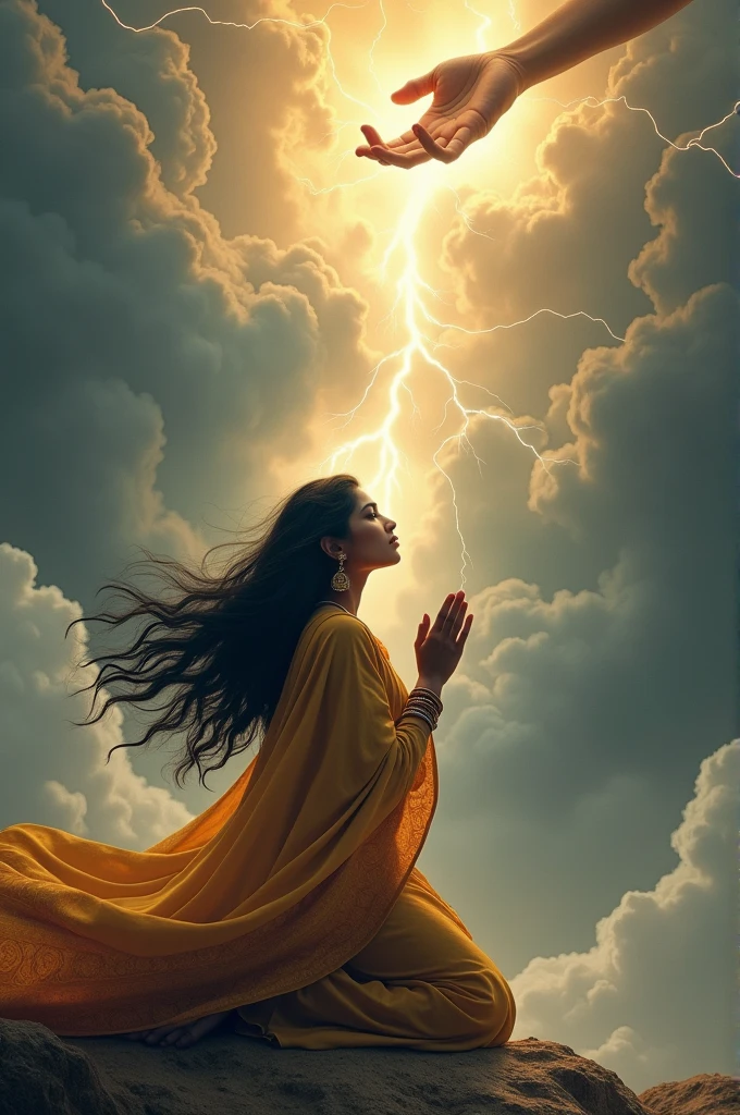 A beautiful indian women wearing Indian dress praying on knees with her hair black and thick flying due to air with a background of clouds shining with thunders and hand of God from above the sky blessing her.