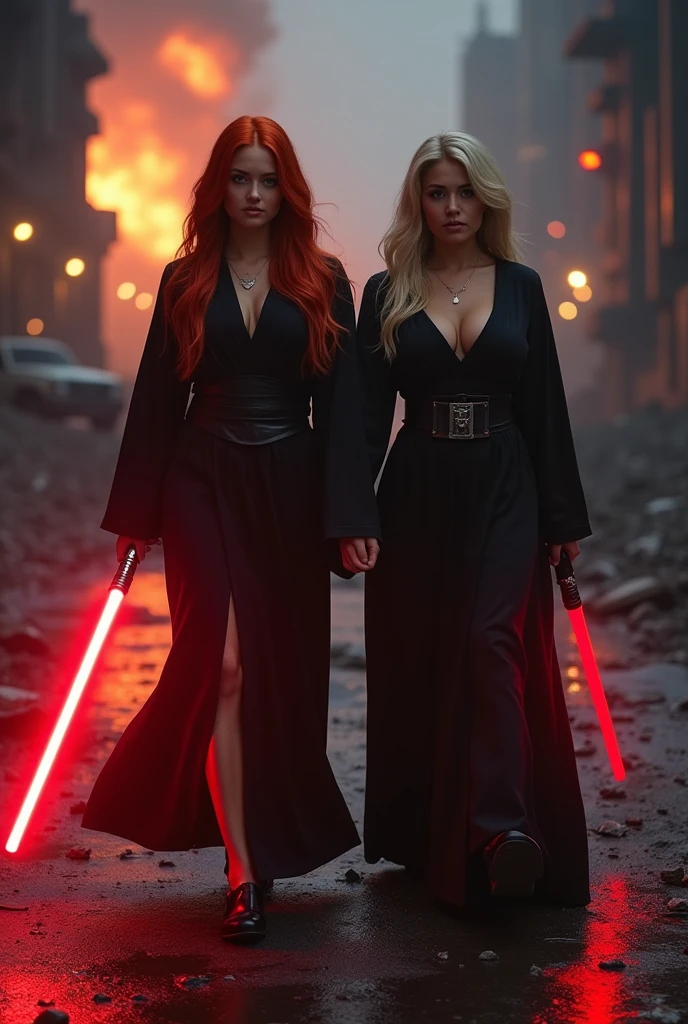(full body shot:1) photorealistic image of two (walking pose:1) women, ultrarealistic, photography, one with long red hair, woman, 24 years old, hourglass figure, perfect body, seductive look, natural medium breasts, blur background, in complete darkness, she is wearing a sith robe, she is holding a red lightsaber, the lightsaber is the only lightsource, on a dark destroyed spacestation, explosion in the background, long sexy legs, the other girl has platinum blonde long hair, 30 years old, curvy figure, she is wearing a sith robe and is also holding a red lightsaber in her hand, natural big breasts, they are walking towards the camera, dynamic shot, action shot