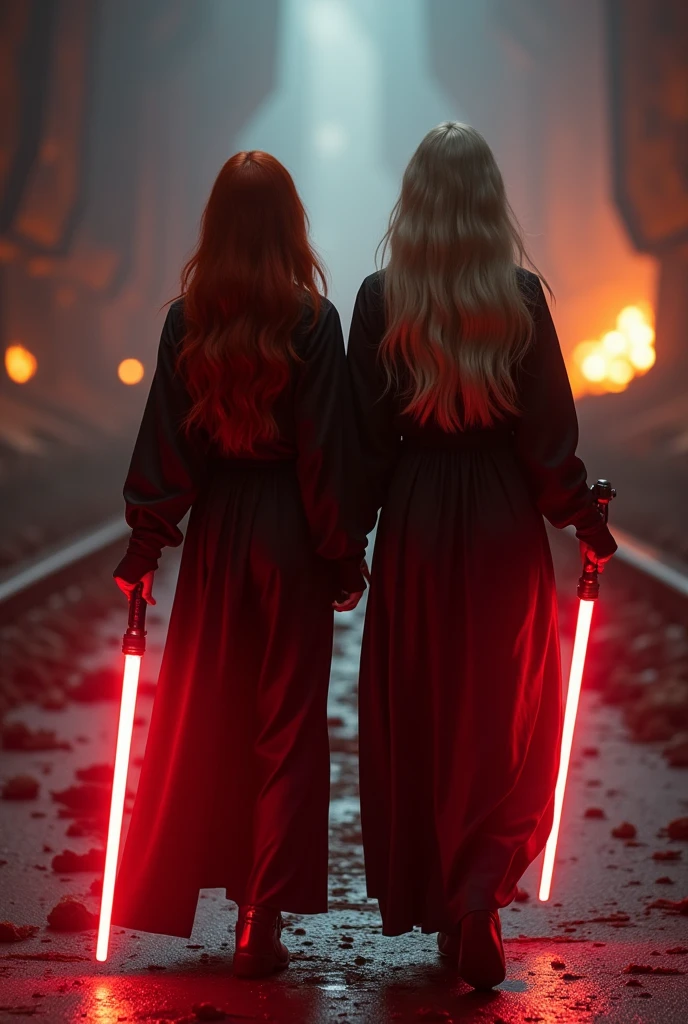(full body shot:1) photorealistic image of two (walking pose:1) women, ultrarealistic, photography, one with long red hair, woman, 24 years old, hourglass figure, perfect body, seductive look, natural medium breasts, blur background, in complete darkness, she is wearing a sith robe, she is holding a red lightsaber, the lightsaber is the only lightsource, on a dark destroyed spacestation, explosion in the background, long sexy legs, the other girl has platinum blonde long hair, 30 years old, curvy figure, she is wearing a sith robe and is also holding a red lightsaber in her hand, natural big breasts, they are walking towards the camera, dynamic shot, action shot