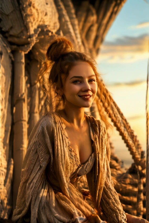 a gorgeous girl with a smile at the camera, messy bun, sitting on a sand, sunset beach, real skin texture, high res quality, best quality,