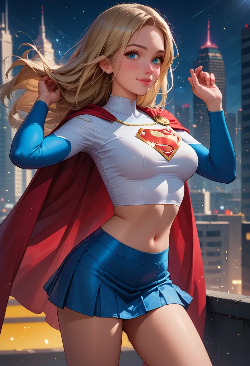 score_9, score_8_up, score_7_up, 1girl, supergirl, blonde hair, long hair, blue eyes, blush, innocent smile, standing on New York city rooftop, on patrol, posing, (tight short blue skirt:1.2), tight white shirt, (short red cape:1.0), opal, medium breasts, midriff, darkness, gloom, explosive bright particles in the form of sparks of light, black theme.