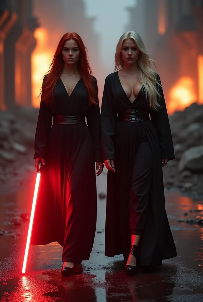 (full body shot:1) photorealistic image of two (walking pose:1) women, ultrarealistic, photography, one with long red hair, woman, 24 years old, hourglass figure, perfect body, seductive look, natural medium breasts, blur background, in complete darkness, she is wearing a sith robe, she is holding a red lightsaber, the lightsaber is the only lightsource, on a dark destroyed spacestation, explosion in the background, long sexy legs, the other girl has platinum blonde long hair, 30 years old, curvy figure, she is wearing a sith robe and is also holding a red lightsaber in her hand, natural big breasts, they are walking towards the camera, dynamic shot, action shot