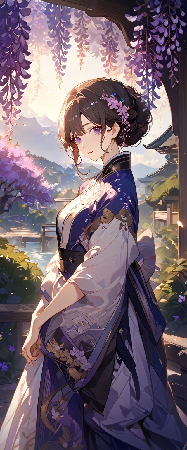 wisteria flower, wisteria tree, wisteria background, 8k ,4k , best quality, high quality, masterpiece, embroidery  clothes, big chest, all kind of hairstyle, inspired by Asukaziye artist : ask, art style : ask