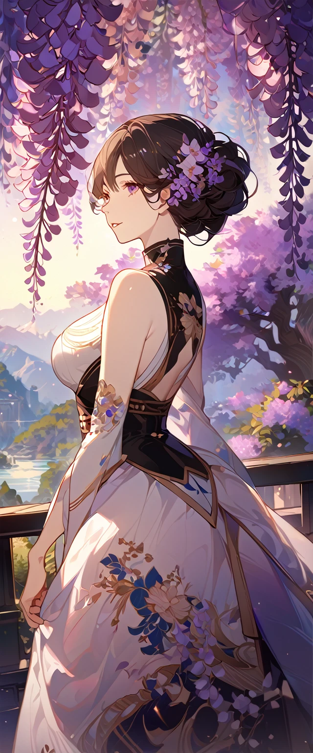 wisteria flower, wisteria tree, wisteria background, 8k ,4k , best quality, high quality, masterpiece, embroidery clothes, big chest, all kind of hairstyle, inspired by Asukaziye artist : ask, art style : ask
