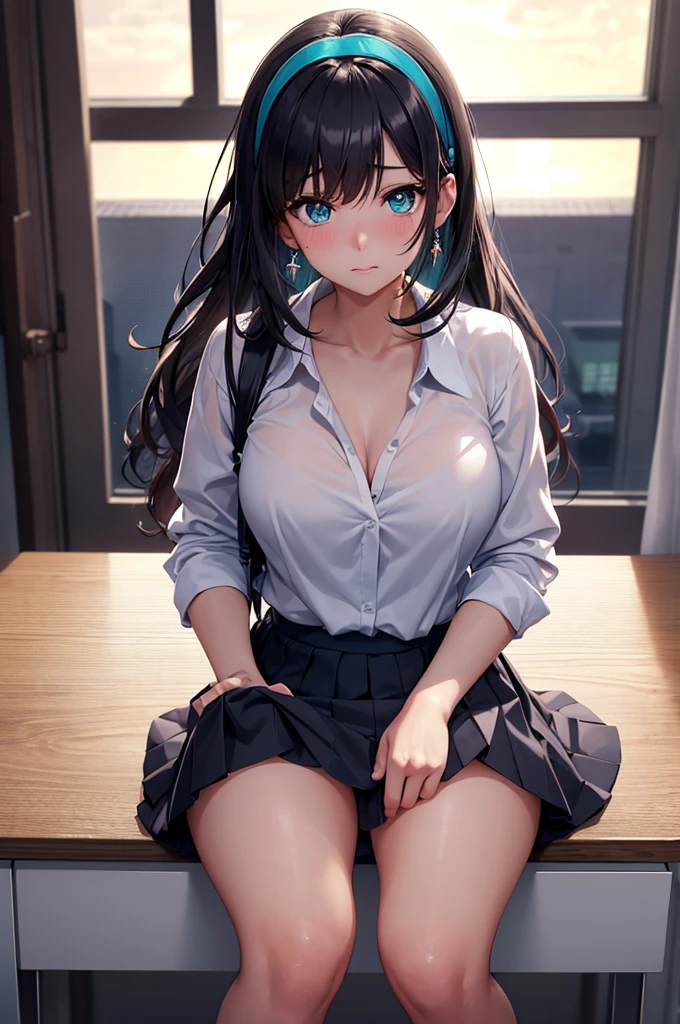 A beautiful girl sitting on a chair lifting her skirt, anime girl, inside a classroom, white button-up shirt, collarbone, pleated miniskirt, big round breasts, shapely thighs, turquoise panties, dark brown hair, long bangs, french braid, messy hair, long hair, wavy hair, shiny hair, hairclip, blue hairband, glowing eyes, aqua eyes, beautiful detailed eyes, pupils sparkling, earrings, blush, embarrassed, shy, blush, glossy lips, closed mouth, scared, nervous, nose blush, high detail, anime, anime style, chiaroscuro, cinematic lighting, dithering, image fill, multiple views, from above, wide shot, atmospheric perspective, perspective, Wide-Angle, f/1.8, 85mm, Nikon, 8k, super detail, UHD, retina, masterpiece, accurate, anatomically correct, textured skin, high details, best quality, highres, 16k