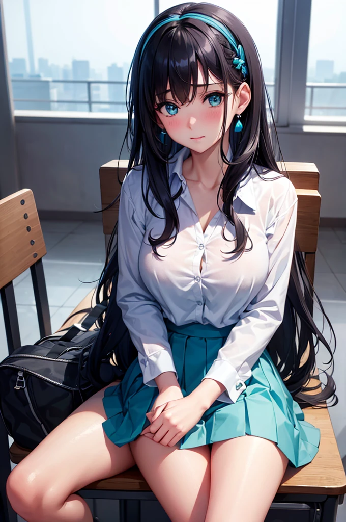 A beautiful girl sitting on a chair lifting her skirt, anime girl, inside a classroom, white button-up shirt, collarbone, pleated miniskirt, big round breasts, shapely thighs, turquoise panties, dark brown hair, long bangs, french braid, messy hair, long hair, wavy hair, shiny hair, hairclip, blue hairband, glowing eyes, aqua eyes, beautiful detailed eyes, pupils sparkling, earrings, blush, embarrassed, shy, blush, glossy lips, closed mouth, scared, nervous, nose blush, high detail, anime, anime style, chiaroscuro, cinematic lighting, dithering, image fill, multiple views, from above, wide shot, atmospheric perspective, perspective, Wide-Angle, f/1.8, 85mm, Nikon, 8k, super detail, UHD, retina, masterpiece, accurate, anatomically correct, textured skin, high details, best quality, highres, 16k