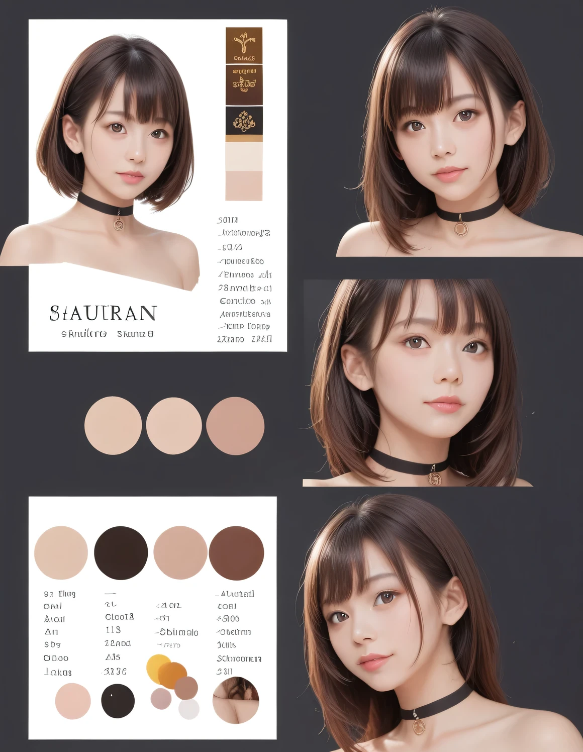 score_9, score_8, score_8 Up, Highest quality, photograph, Album Style, (((Create a detailed design sheet, Character Sheet))), (Front view, Side view, Simple Background), Asian girl bust up photo gallery, people々, Brown Hair, Straight hair, bangs, Black choker, Instruction card, With caption