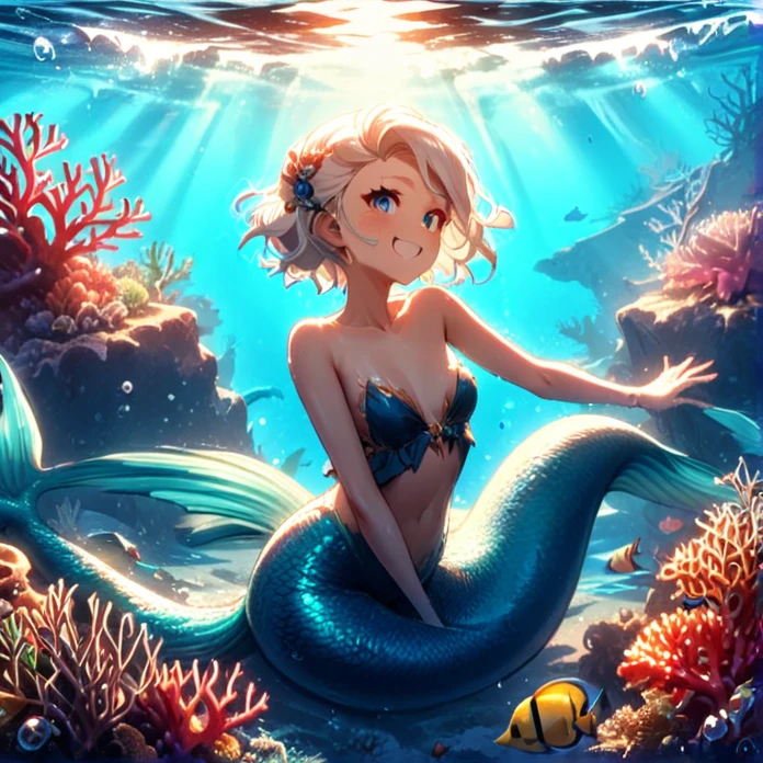 masterpiece, best quality, detailed face, detailed eyes, highres, 1girl, solo, white mermaid, mermaid tail below waistline, white hair, short hair, blue eyes, happy face, smile, small breasts, underwater blue sea, bubbles air, coral, 