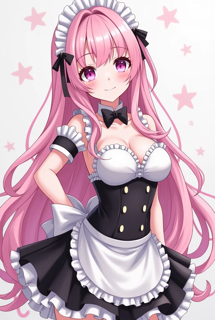 pink hair, white hair, big, light pink eyes, white skin, pixel character, very large breasts, Black Maid outfit ,