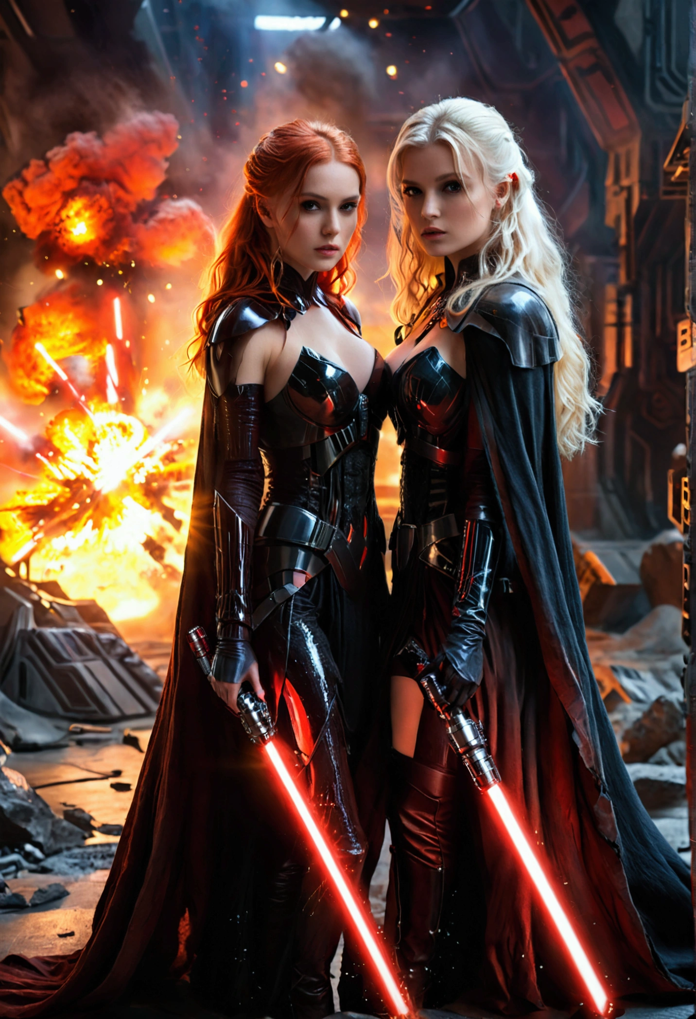 (full body shot:1) photorealistic image of two (walking pose:1) women, ultrarealistic, photography, one with long red hair, woman, 24 years old, hourglass figure, perfect body, seductive look, natural medium breasts, blur background, in complete darkness, she is wearing a sith robe, she is holding a red lightsaber, the lightsaber is the only lightsource, on a dark destroyed spacestation, explosion in the background, long sexy legs, the other girl has platinum blonde long hair, 30 years old, curvy figure, she is wearing a sith robe and is also holding a red lightsaber in her hand, natural big breasts, they are walking towards the camera, dynamic shot, action shot