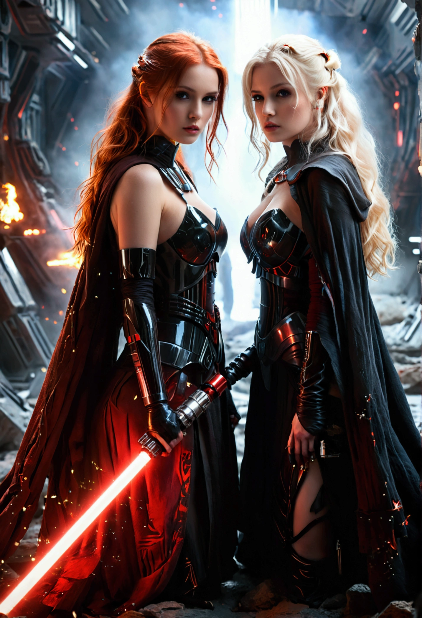 (full body shot:1) photorealistic image of two (walking pose:1) women, ultrarealistic, photography, one with long red hair, woman, 24 years old, hourglass figure, perfect body, seductive look, natural medium breasts, blur background, in complete darkness, she is wearing a sith robe, she is holding a red lightsaber, the lightsaber is the only lightsource, on a dark destroyed spacestation, explosion in the background, long sexy legs, the other girl has platinum blonde long hair, 30 years old, curvy figure, she is wearing a sith robe and is also holding a red lightsaber in her hand, natural big breasts, they are walking towards the camera, dynamic shot, action shot