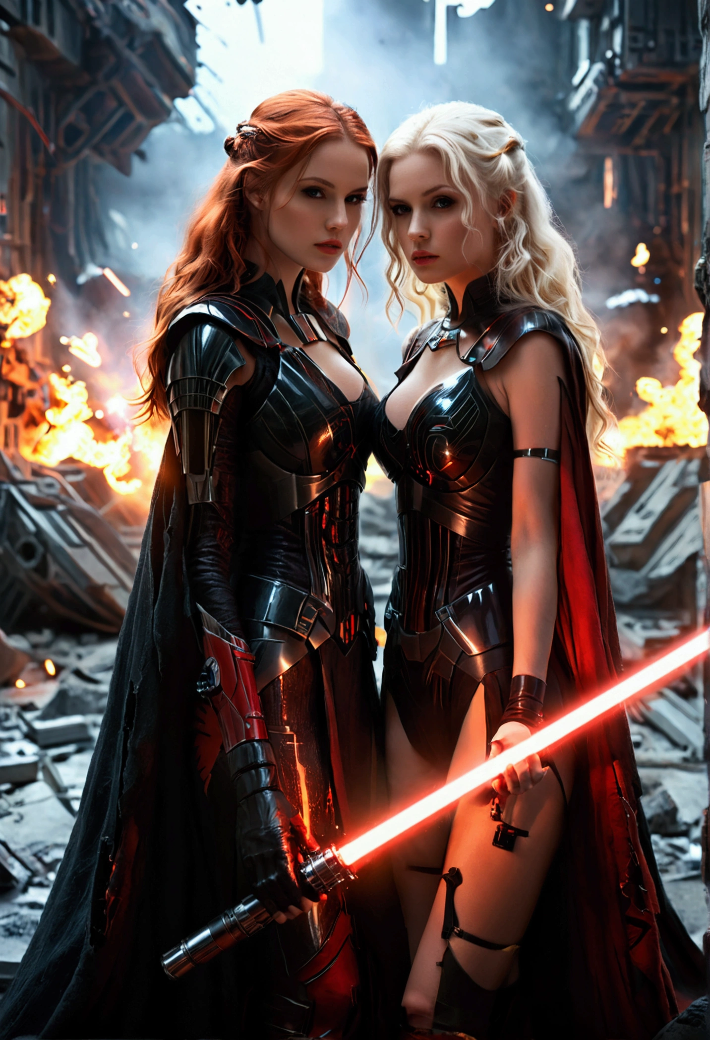 (full body shot:1) photorealistic image of two (walking pose:1) women, ultrarealistic, photography, one with long red hair, woman, 24 years old, hourglass figure, perfect body, seductive look, natural medium breasts, blur background, in complete darkness, she is wearing a sith robe, she is holding a red lightsaber, the lightsaber is the only lightsource, on a dark destroyed spacestation, explosion in the background, long sexy legs, the other girl has platinum blonde long hair, 30 years old, curvy figure, she is wearing a sith robe and is also holding a red lightsaber in her hand, natural big breasts, they are walking towards the camera, dynamic shot, action shot