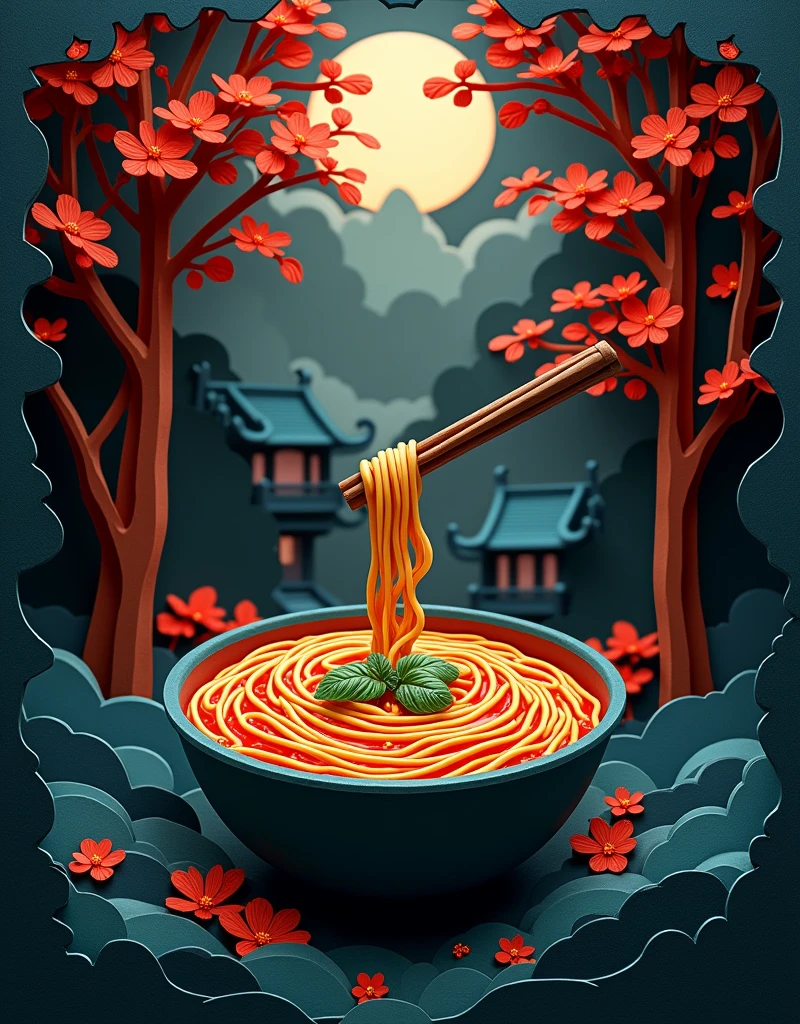 3D Paper cut art, super detailed, a paper cut demonstrates a bowl of chinese noodle soup, in the background are trees and the silhouette of an ancient chinese house, dark background, mystery atmosphere