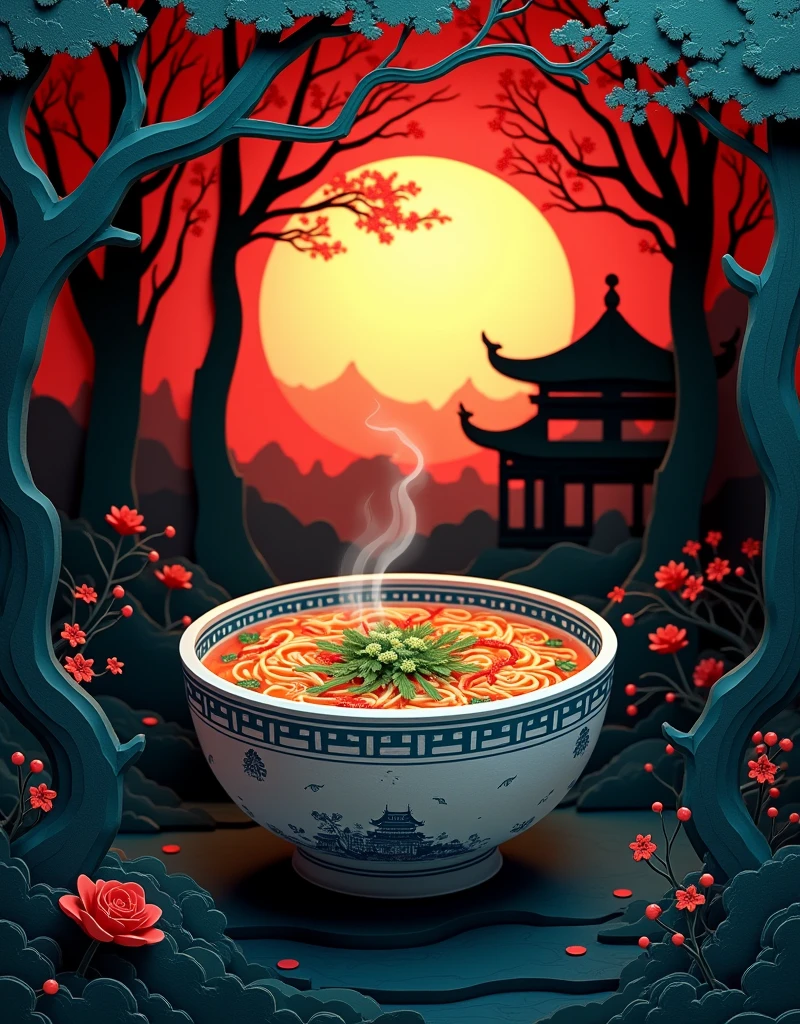 3D Paper cut art, super detailed, a paper cut demonstrates a bowl of chinese noodle soup, in the background are trees and the silhouette of an ancient chinese house, dark background, mystery atmosphere