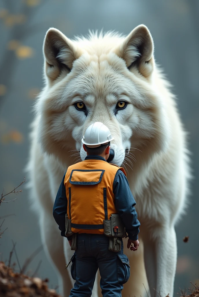 A construction worker standing infront of a white wolf