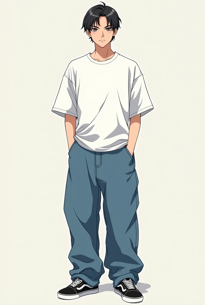 Oversized clothing, plain white t-shirt, extra wide jeans, black VANS sneakers, man, slicked back, front, whole body, anime-like face, around  high school