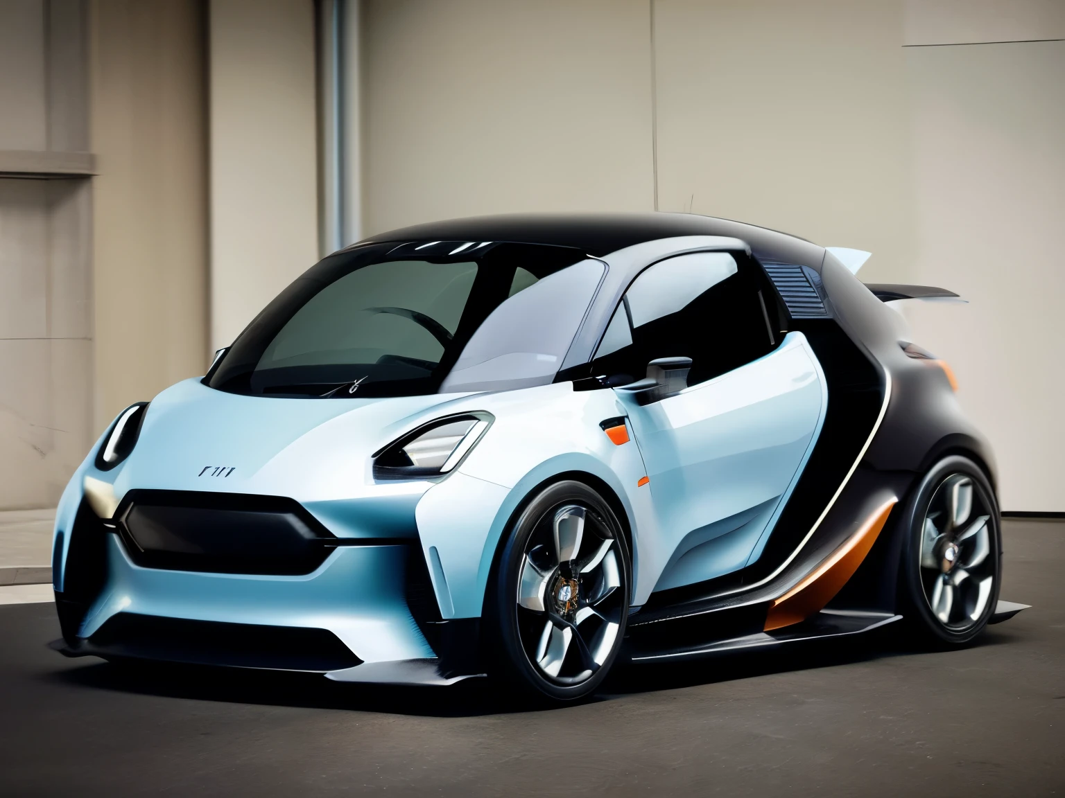 Generate an image of a futuristic small vehicle parked in a photography studio. The futuristic small vehicle should have a modern and futuristic design, with clean lines and innovative features that suggest a high level of technology, in satin grey and copper colors, a three-quarter front view, The studio lighting should be bright and even, highlighting the vehicle's contours and metallic finish, modern city of background, emauromin style, concept design