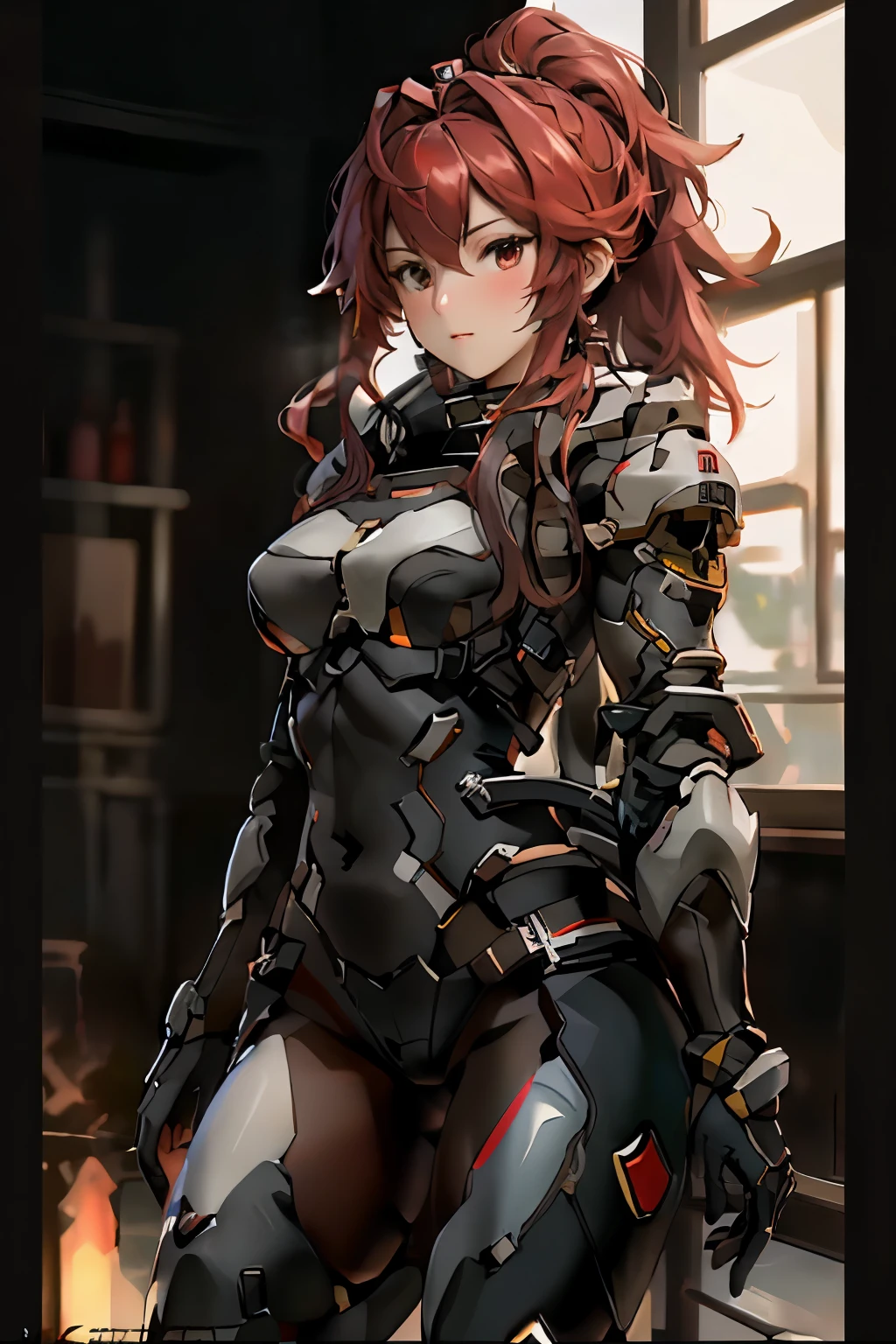 ((best quality)), ((Masterpiece)), (details:1.4), 3d, HDR (high dynamic range), an image of a beautiful cyberpunk female, Hight ponytails, red hair, Red eyes, จมูกโด่ง, ปากแดง, หน้าอกใหญ่, nvidia RTX, PBR surface, After processing, Anisotropic filtration,depth of field, Maximum clarity and clarity, multi-layered surface, Subsurface scattering, perfect proportions, 8K raw files, ความละเอียดสุดยอด, Unreal 5, Perfect proportions, Octane Render, Two-tone lighting, Wide aperture, Low ISO, รายละเอียดดวงตา, crusader, Heavy Black armor, Fierce, Black helmet