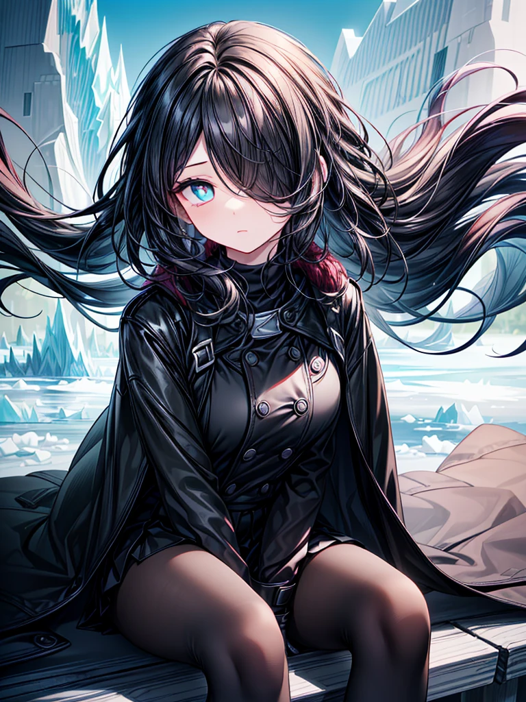 ((spread legs, sitting)),((Celestial Glacier)),((masterpiece)),((Highest quality)),((black micro mini length skirt)),((face waiting for kiss)),((alone)),((Deep blue pupils)),((sparkling eyes)),(Beautiful Blue Eyes),((Wearing a black coat)),(((Wearing black tights))),(Slim body),((length, Shiny black hair)),((Her left eye is completely hidden by her bangs)),((Her hair is parted, and you can see her eyes through it)),((Wearing black gloves)),((hair over one eye,long hair)),((Complex background)),((Hair blowing in the wind))