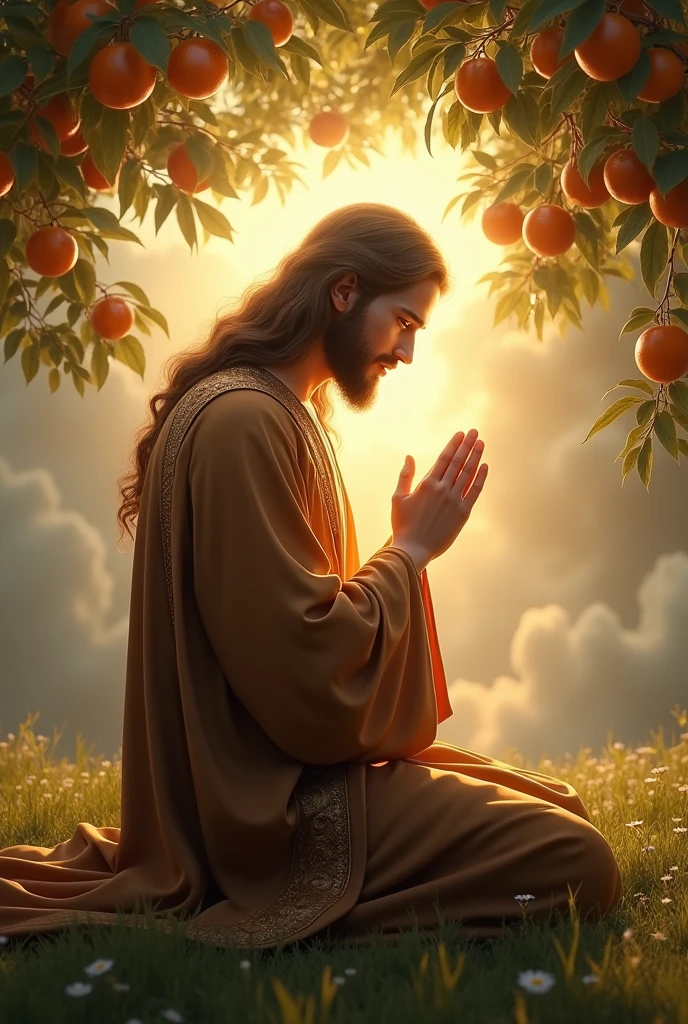 (photorealism:1.2), handsome Jesus Christ, praying kneel under the trees that full of clouds and sorrounded of many fruits, wearing brown king clothes with light in his head and heart spreading all over, perfect five finger, Jesus Christ beautiful hair, outdoors, soft lighting, clouds in background, beautiful sunlight, perfect paradise and clouds, relaxed pose, realistic, intricate details, warm colors,