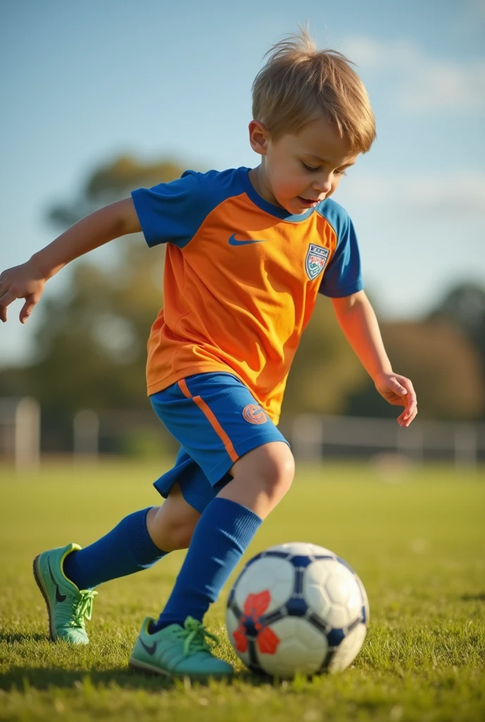A cute boy play foot ball