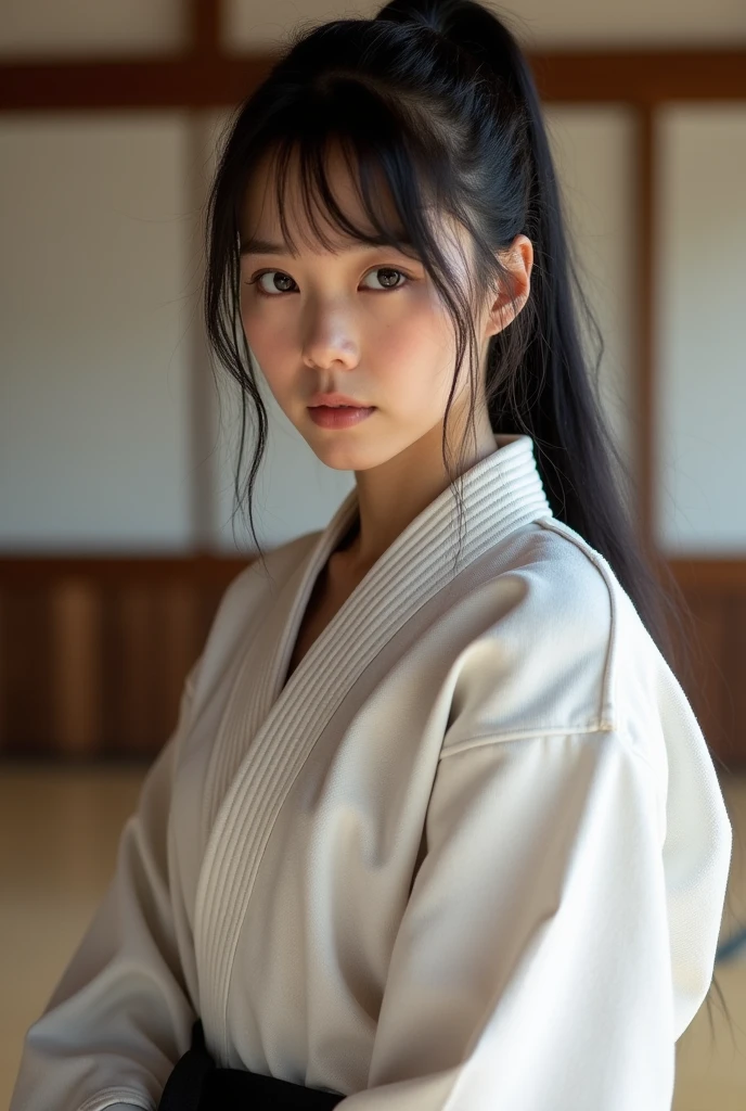 A female Aikido practitioner who was given the full license by her father、Yukina is 25 years old。With her long black hair tied up in a ponytail, she is working up a sweat practicing at the dojo today.。Even in her dignified expression, there is still a hint of innocence.、Her voluptuous body, hidden by her robe, is beautiful.。