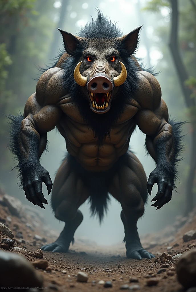A wild boar shows off his muscles while standing on two legs. Its eyes are red. Its appearance was terrifying and ferocious. Prey cruelly.