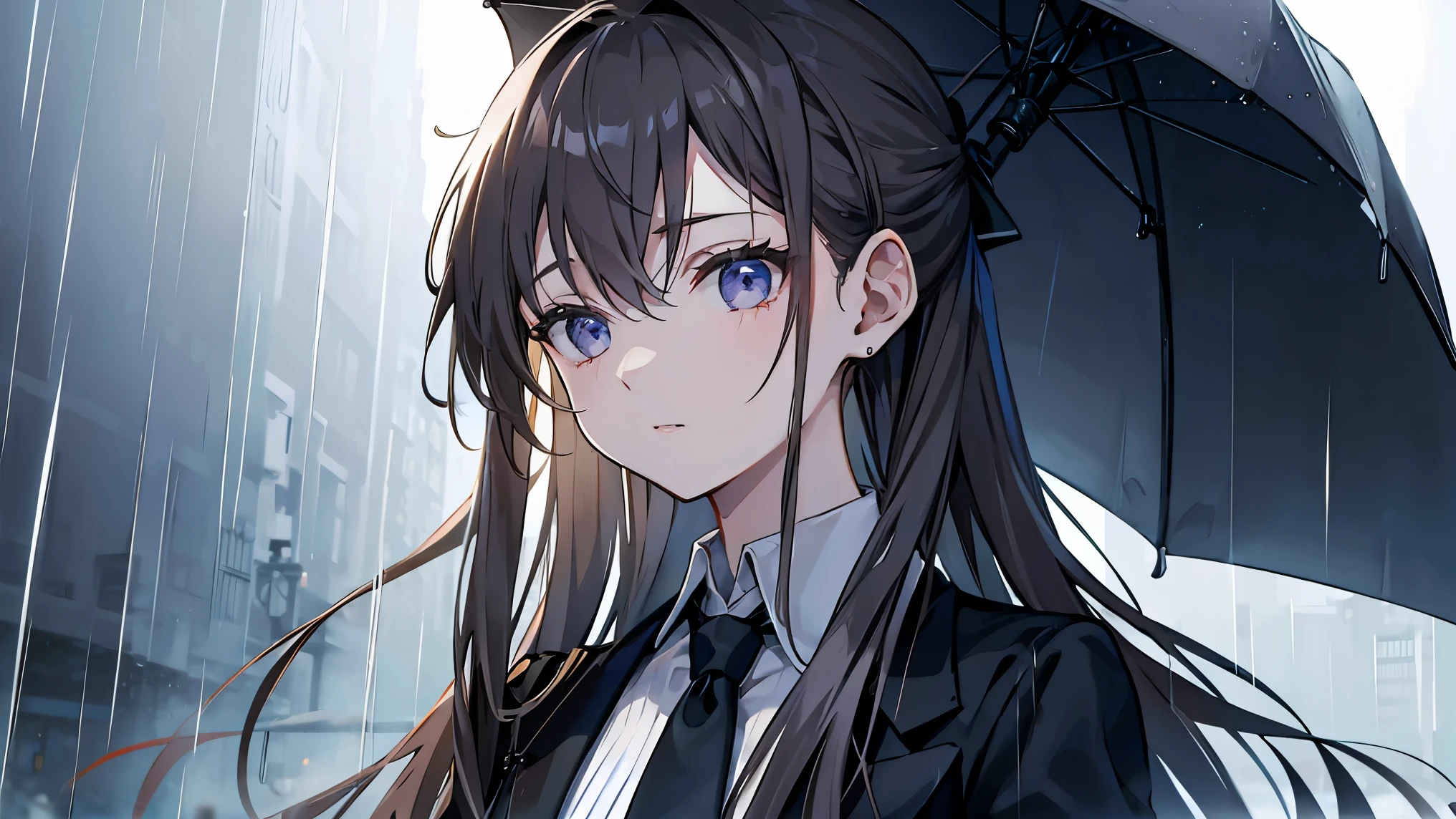 Dark grey and light brown hair、((Long hair tied back))、Showing from the waist up、Black suit draped over shoulders、Wearing a white shirt underneath、black tie、Blue-violet eyes、((Rainy gray background))、Holding a large open umbrella。Beauty、(((Detailed picture)))、(((Detailed face)))イケメン風のBeauty、One personだけ、One person、Looking down with cold eyes。emotionless expression。
