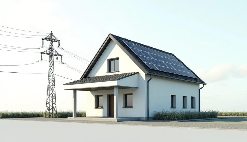 Create an image featuring a modern house centered in the frame with a pitched roof that slopes towards the viewer's perspective. On the left side of the roof, a solar panel is positioned slightly above roof height. Additionally, on the far left side of the image, include an electric utility pole resembling those used by EDF, with visible power lines extending from it. The background should be clean and professional, with a bright, clear sky and no distractions. The overall image should appear highly realistic, with detailed textures and lighting to ensure it looks suitable for professional use. Something like an illustration to give explication to customers. I need the solar panel not on the roof but above the house an arrow between house panel and at the left next to the ouse an electric utility pole for high volture with an arrow from the house to the electric pole je veux l'image en mode paysage and really realistic