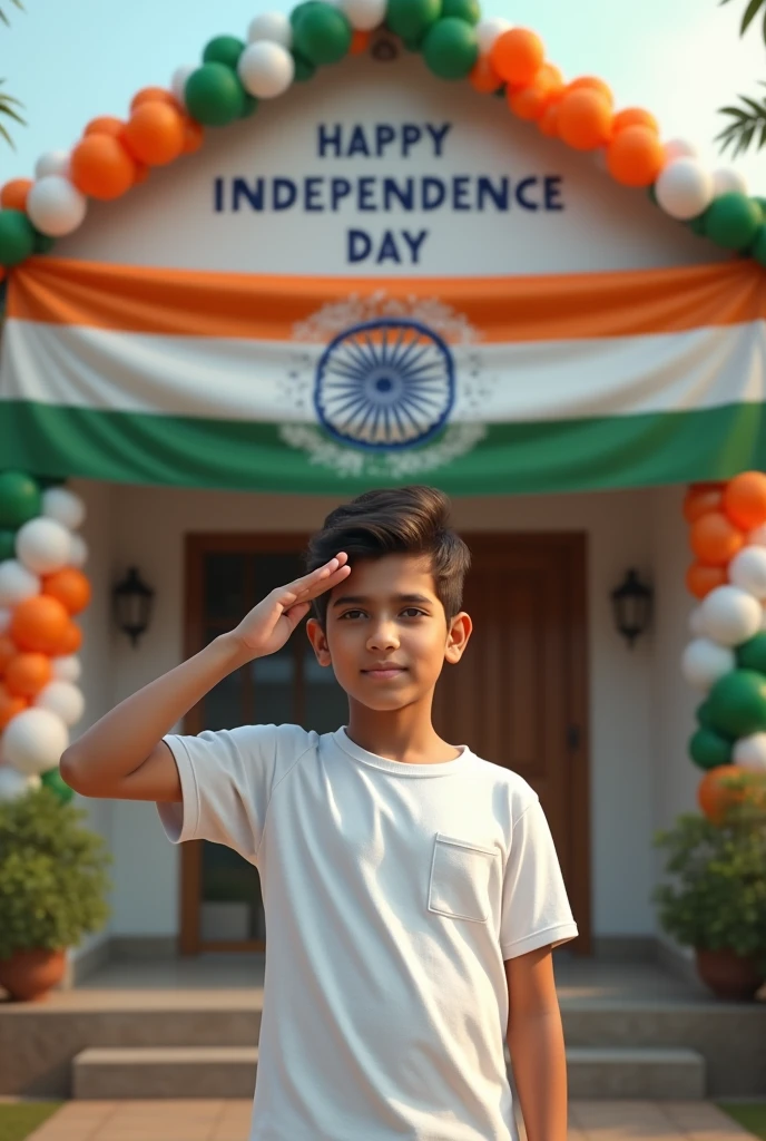 A real 14 year old boy , wearing a white "shammas" T-shirt stands in front of a house decorated with Indian flags and tricolor balloons, saluting for an upcoming Independence Day celebration. The house has a large banner that reads "HAPPY INDEPENDENCE DAY 2024 and make sure text should be correct.