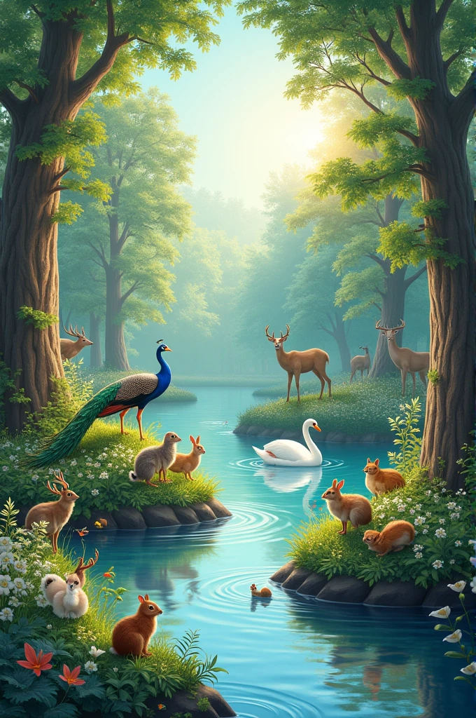 Different trees near river with peacock birds rabbit deer squirell swan cuckoo